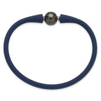 Stainless Steel 10-11mm Black Semi-Round Tahitian Saltwater Cultured Pearl Blue Silicone Bracelet