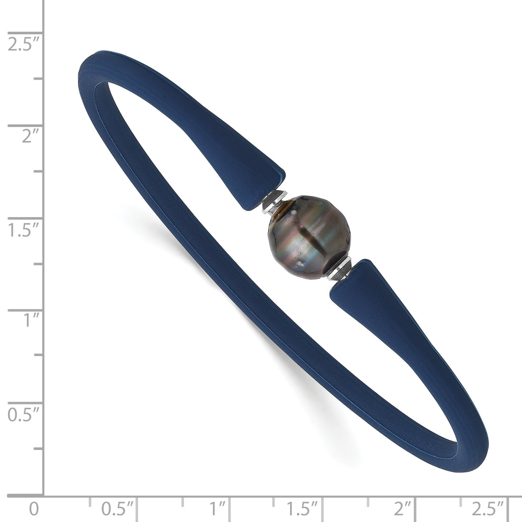 Stainless Steel 10-11mm Black Semi-Round Tahitian Saltwater Cultured Pearl Blue Silicone Bracelet