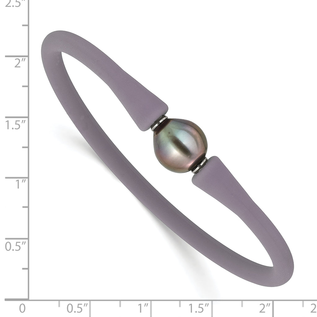 Stainless Steel 10-11mm Black Tahitian Pearl Grey Silicone Bracelet