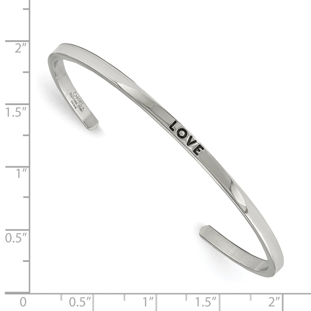 Stainless Steel Polished and Enameled with Crystal Love 3mm Cuff Bangle Bracelet for Women