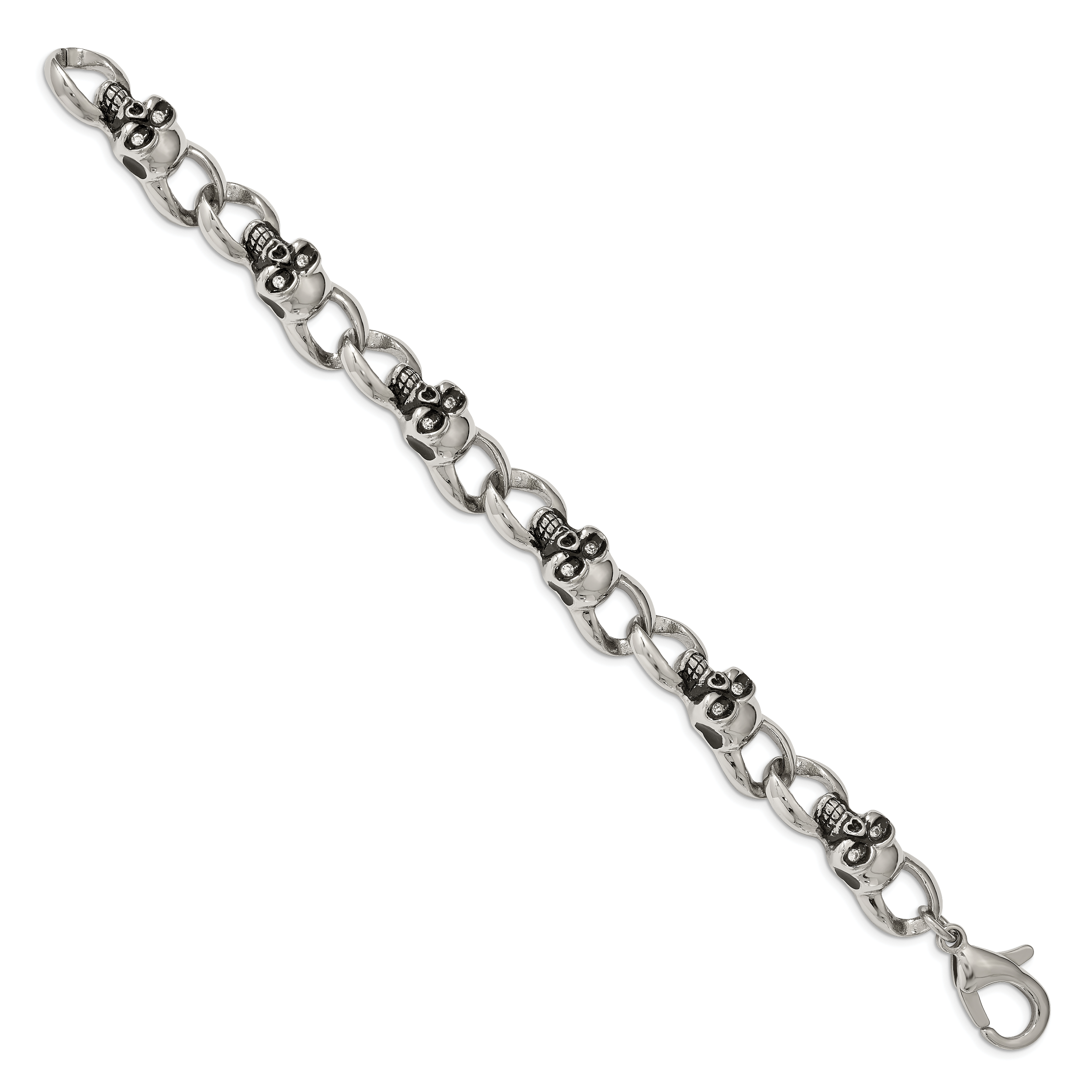 Stainless Steel Antiqued and Polished with Cubic Zirconia Skull Link Bracelet for Men