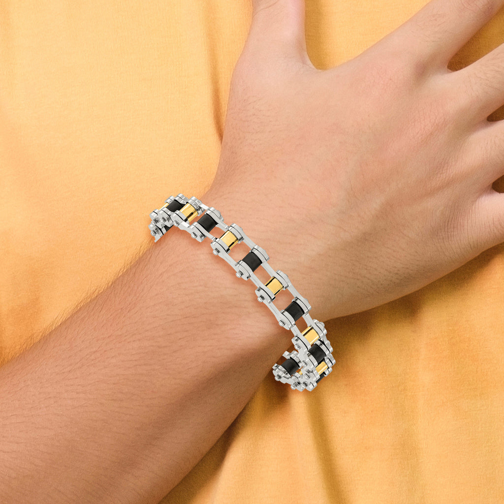Stainless Steel Polished Yellow IP-plated with Black Rubber Bracelet for Men
