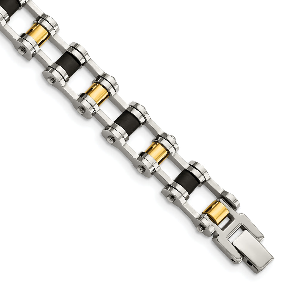 Stainless Steel Polished Yellow IP-plated with Black Rubber Bracelet for Men