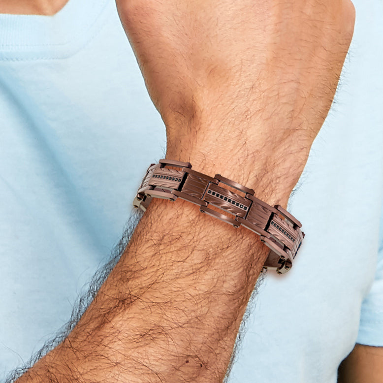 Stainless Steel Brushed and Textured Brown IP-plated with Black Cubic Zirconia Link Bracelet for Men