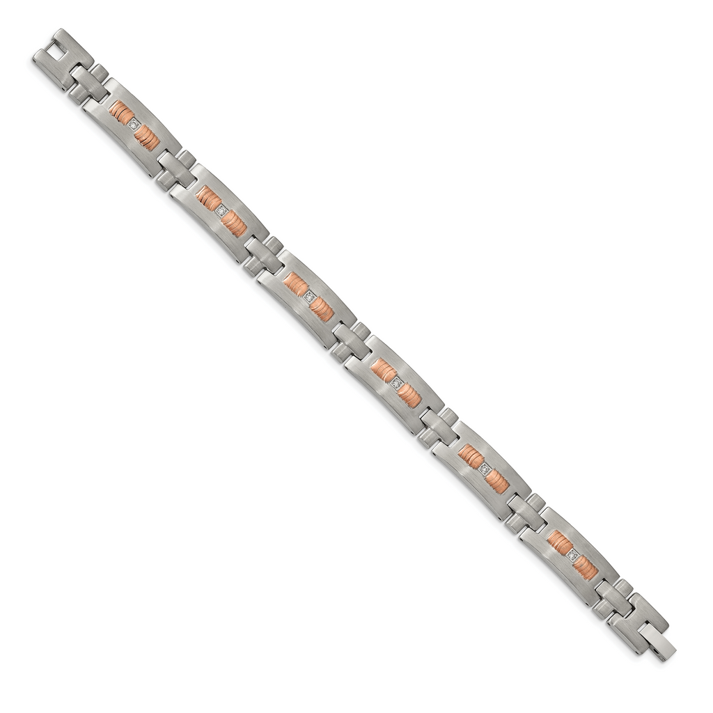 Stainless Steel Brushed and Textured Rose IP-plated with Cubic Zirconia Link Bracelet for Men