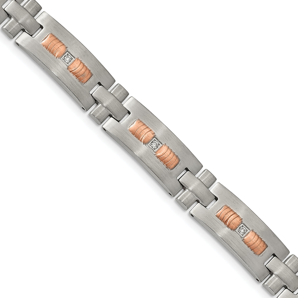 Stainless Steel Brushed and Textured Rose IP-plated with Cubic Zirconia Link Bracelet for Men