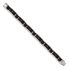 Stainless Steel Polished and Textured Black IP-plated with Cubic Zirconia and Black Carbon Fiber Inlay Link Bracelet for Men