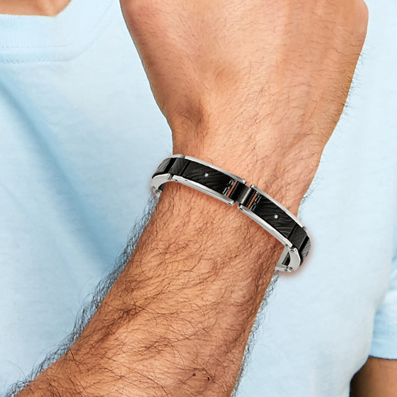 Stainless Steel Polished and Textured Black IP-plated with Cubic Zirconia and Black Carbon Fiber Inlay Link Bracelet for Men