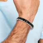 Stainless Steel Polished and Textured Black IP-plated with Cubic Zirconia and Black Carbon Fiber Inlay Link Bracelet for Men