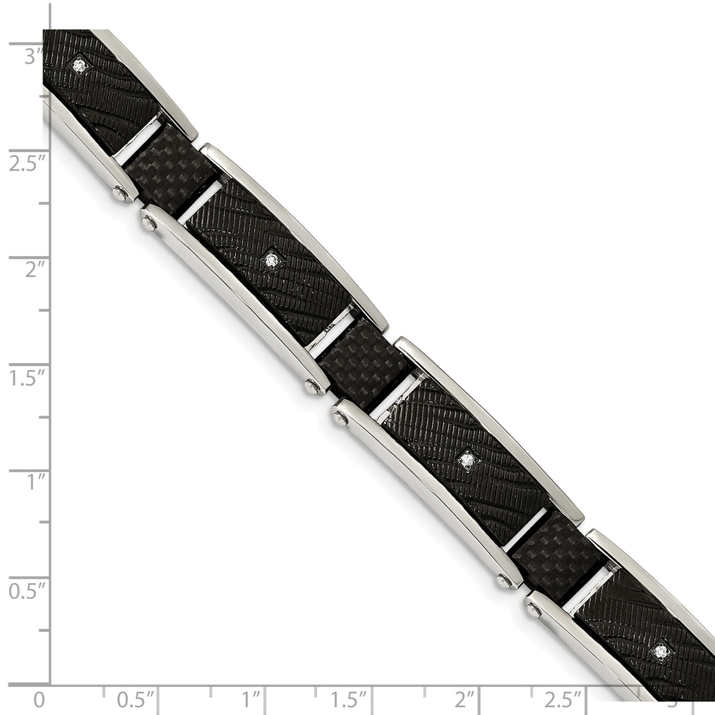 Stainless Steel Polished and Textured Black IP-plated with Cubic Zirconia and Black Carbon Fiber Inlay Link Bracelet for Men