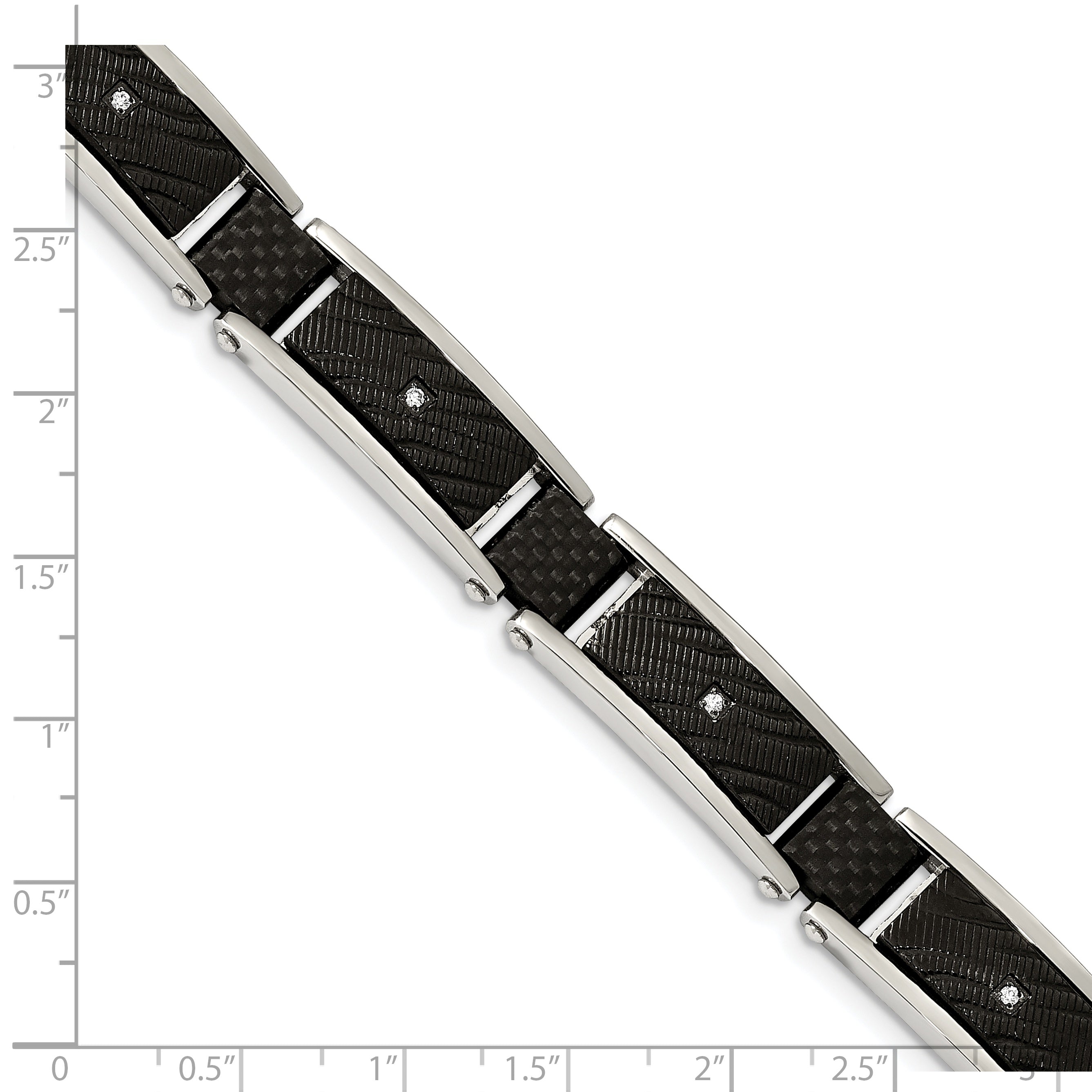 Stainless Steel Polished and Textured Black IP-plated with Cubic Zirconia and Black Carbon Fiber Inlay Link Bracelet for Men