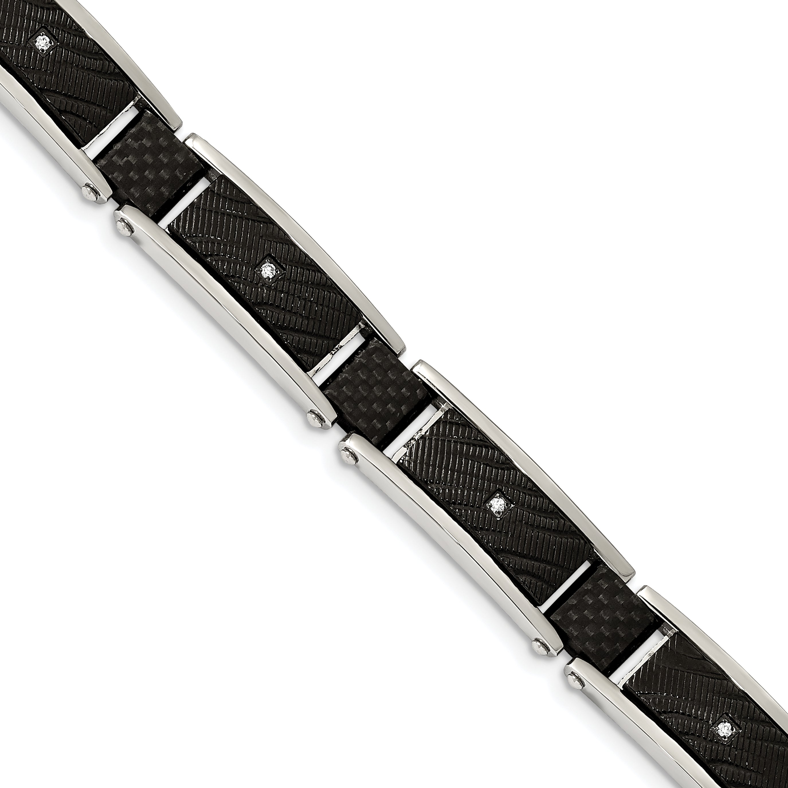 Stainless Steel Polished and Textured Black IP-plated with Cubic Zirconia and Black Carbon Fiber Inlay Link Bracelet for Men