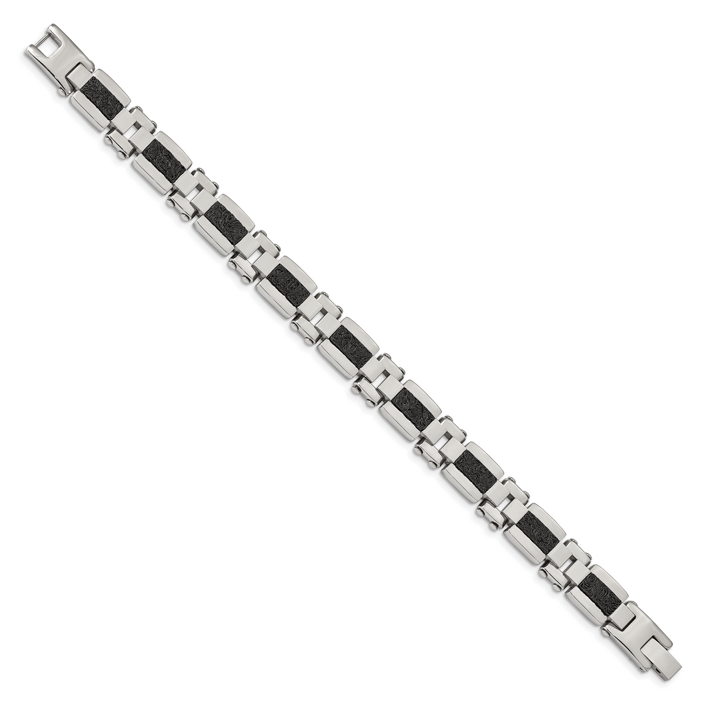 Stainless Steel Polished & Textured Black IP-plated Wire Inlay Bracel Bracelet for Men