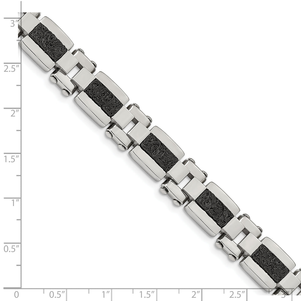 Stainless Steel Polished & Textured Black IP-plated Wire Inlay Bracel Bracelet for Men