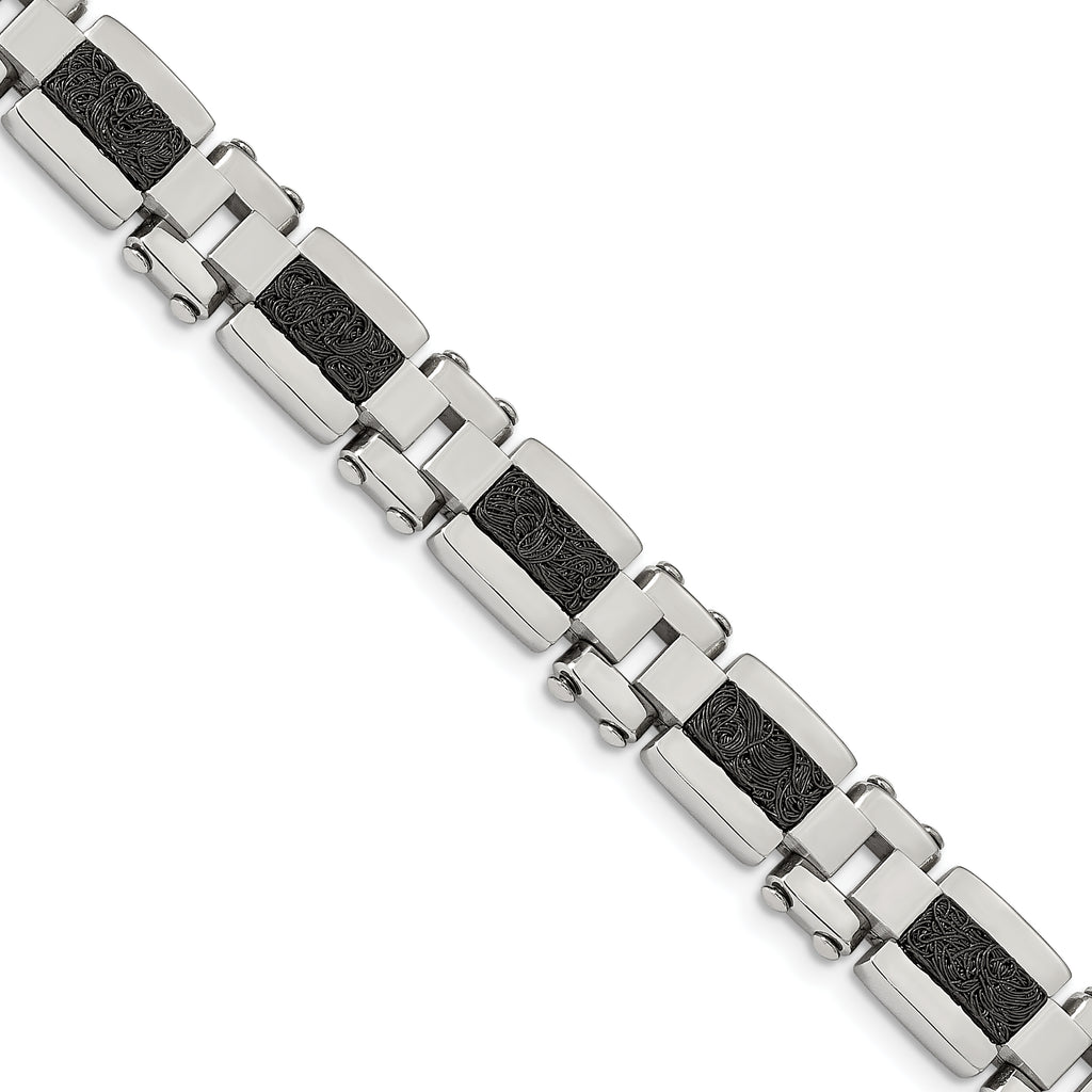 Stainless Steel Polished & Textured Black IP-plated Wire Inlay Bracel Bracelet for Men