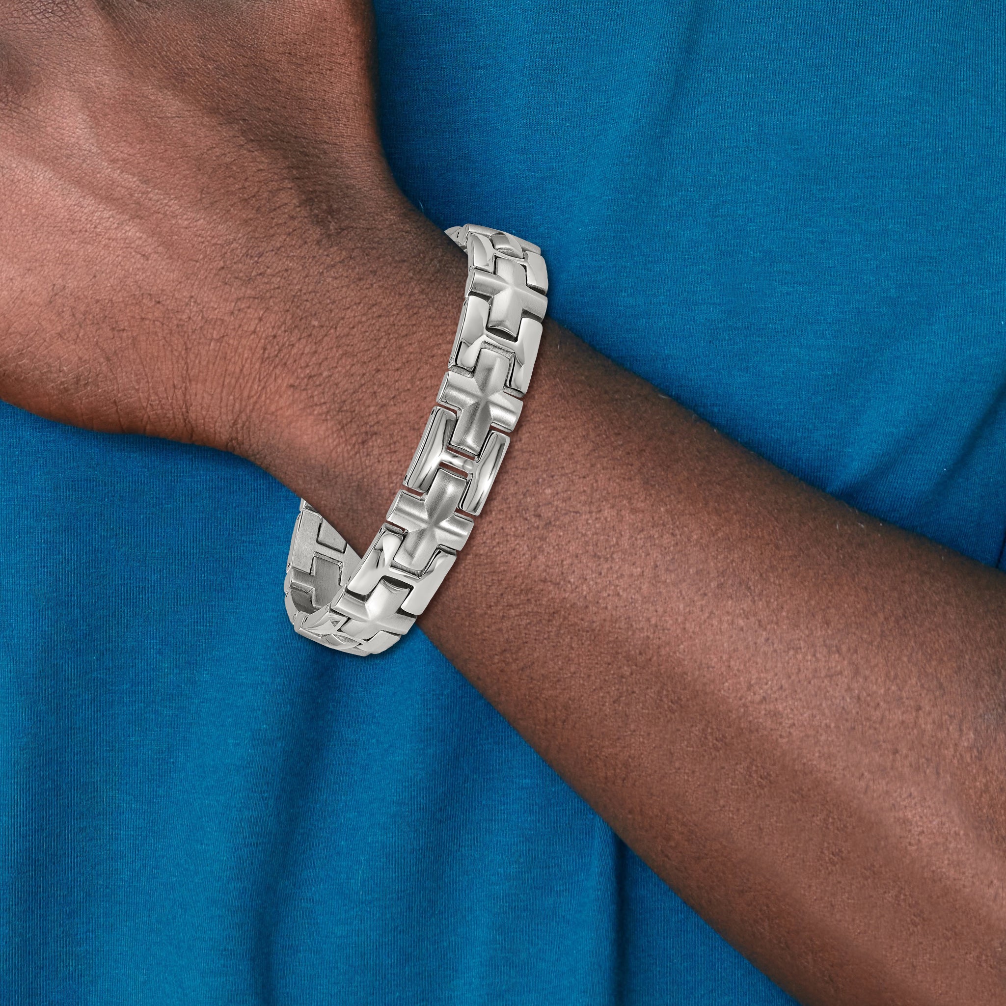 Stainless Steel Brushed and Polished Cross Link Bracelet for Men