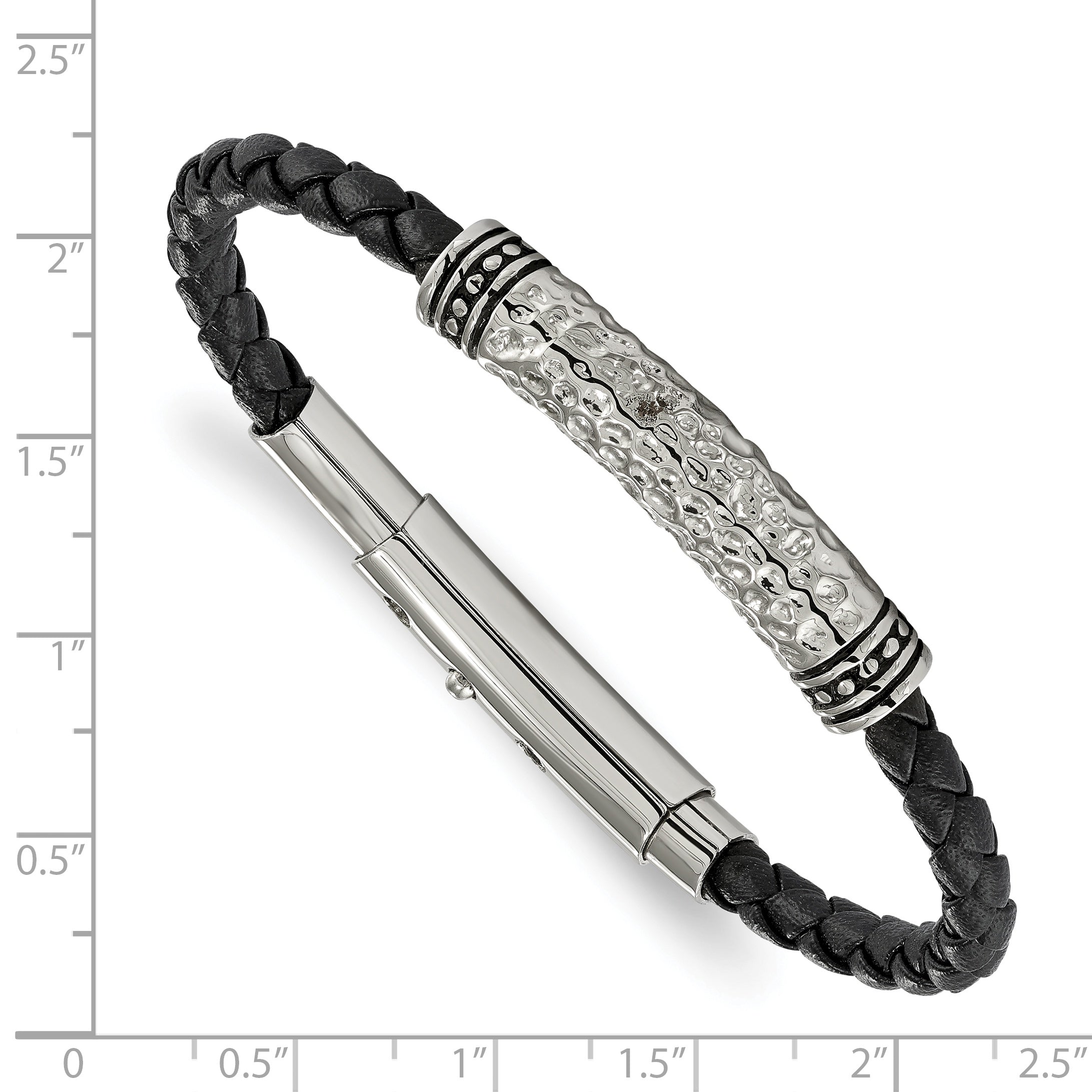 Stainless Steel Antiqued Polished and Hammered Black Braided Leather Adjustable 7.5 to Bracelet for Men Secondary image