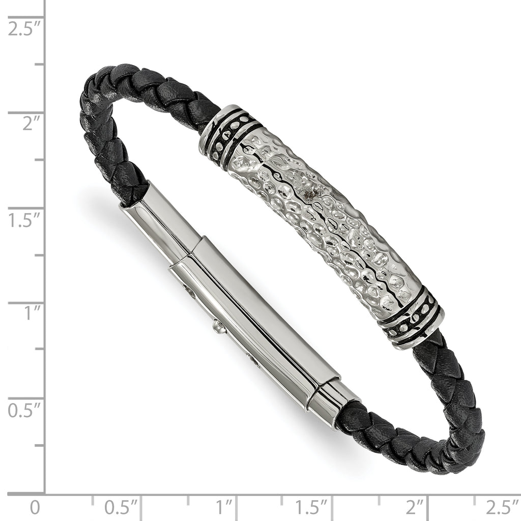 Stainless Steel Antiqued Polished and Hammered Black Braided Leather Adjustable 7.5 to Bracelet for Men