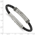 Stainless Steel Antiqued Polished and Hammered Black Braided Leather Adjustable 7.5 to Bracelet for Men