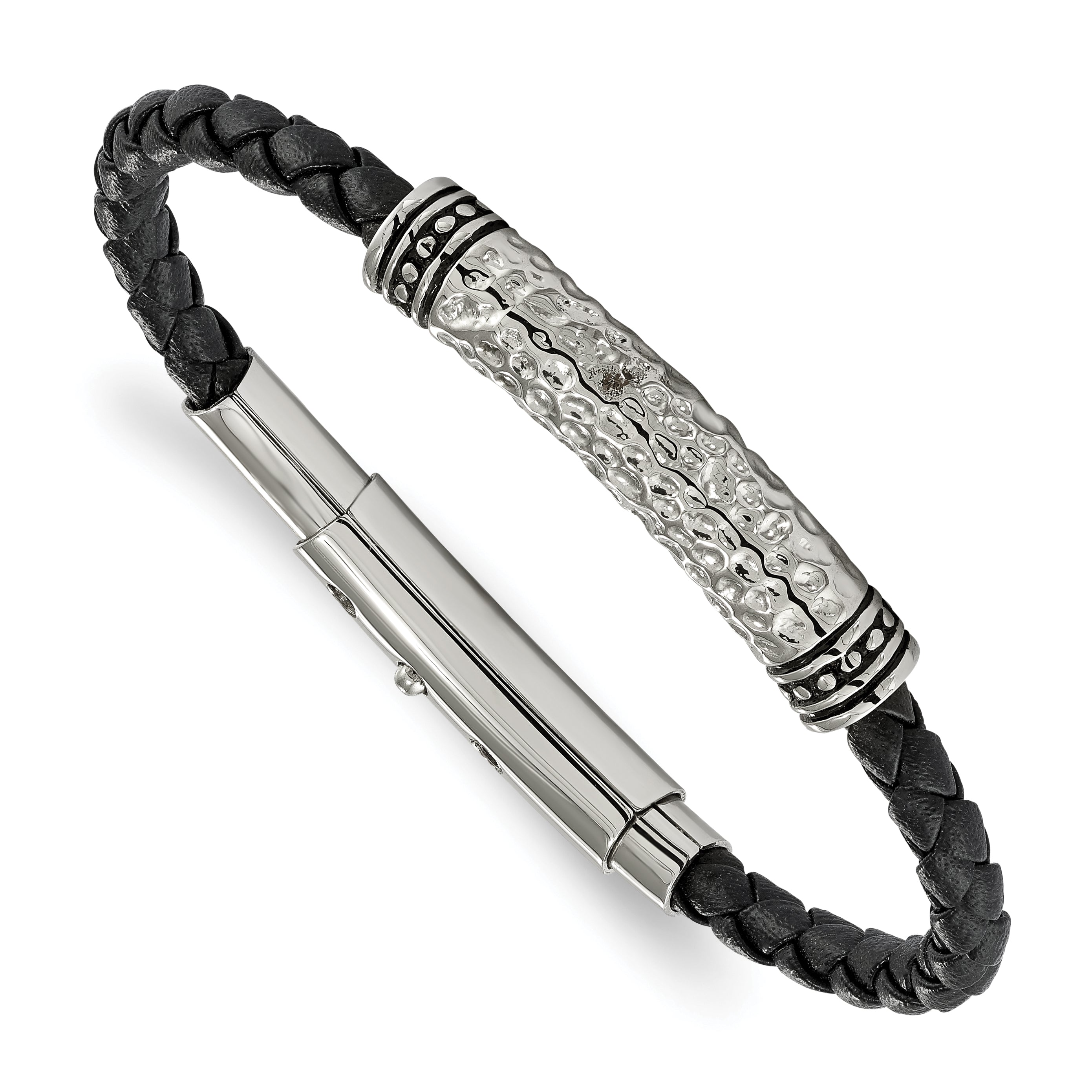 Stainless Steel Antiqued Polished and Hammered Black Braided Leather Adjustable 7.5 to Bracelet for Men Main image