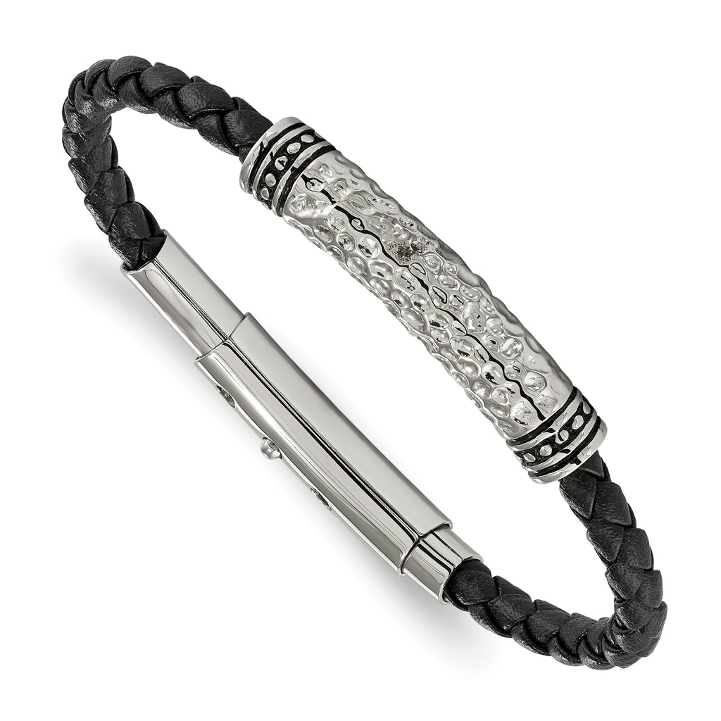 Stainless Steel Antiqued Polished and Hammered Black Braided Leather Adjustable 7.5 to Bracelet for Men