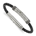 Stainless Steel Antiqued Polished and Hammered Black Braided Leather Adjustable 7.5 to Bracelet for Men