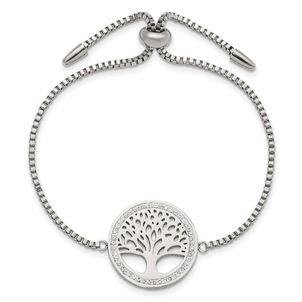 Stainless Steel Polished with Preciosa Crystal Tree of Life Adjustable Bracelet for Women