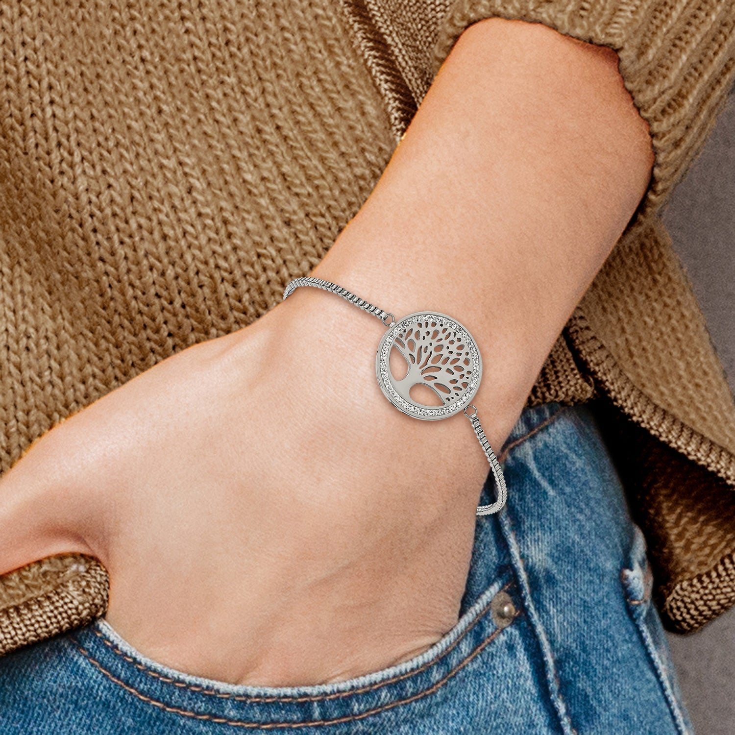 Stainless Steel Polished with Preciosa Crystal Tree of Life Adjustable Bracelet for Women