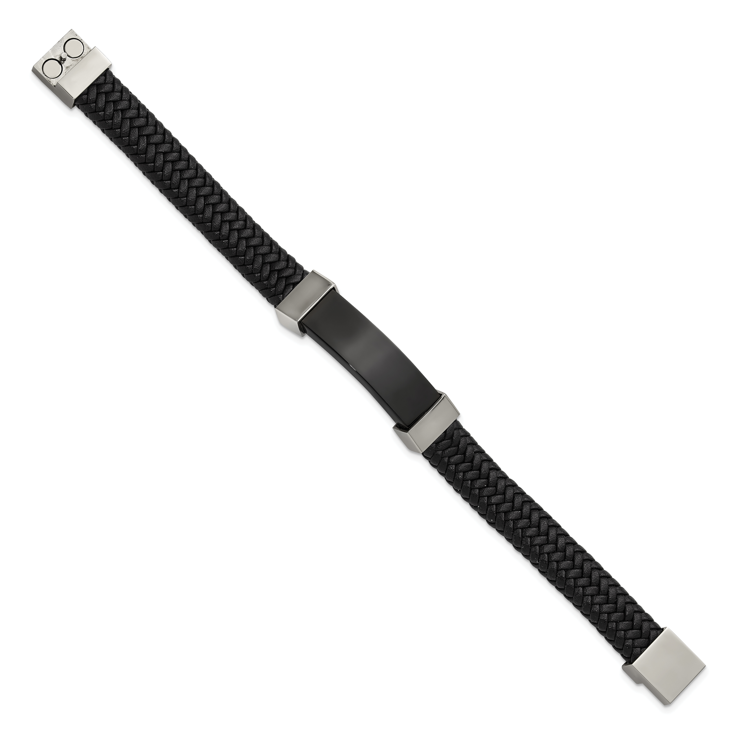 Stainless Steel Polished Black IP-plated Black Braided Leather Bracelet for Men