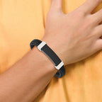 Stainless Steel Polished Black IP-plated Black Braided Leather Bracelet for Men