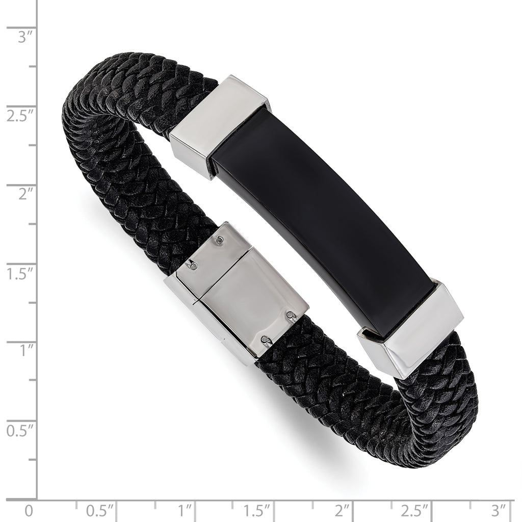 Stainless Steel Polished Black IP-plated Black Braided Leather Bracelet for Men