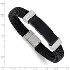 Stainless Steel Polished Black IP-plated Black Braided Leather Bracelet for Men