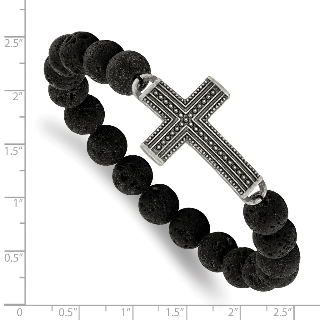 Stainless Steel Antiqued Gun Metal IP-plated Cross 10.5mm Lava Stone Beaded Stretch Bracelet for Men