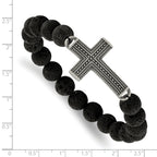 Stainless Steel Antiqued Gun Metal IP-plated Cross 10.5mm Lava Stone Beaded Stretch Bracelet for Men