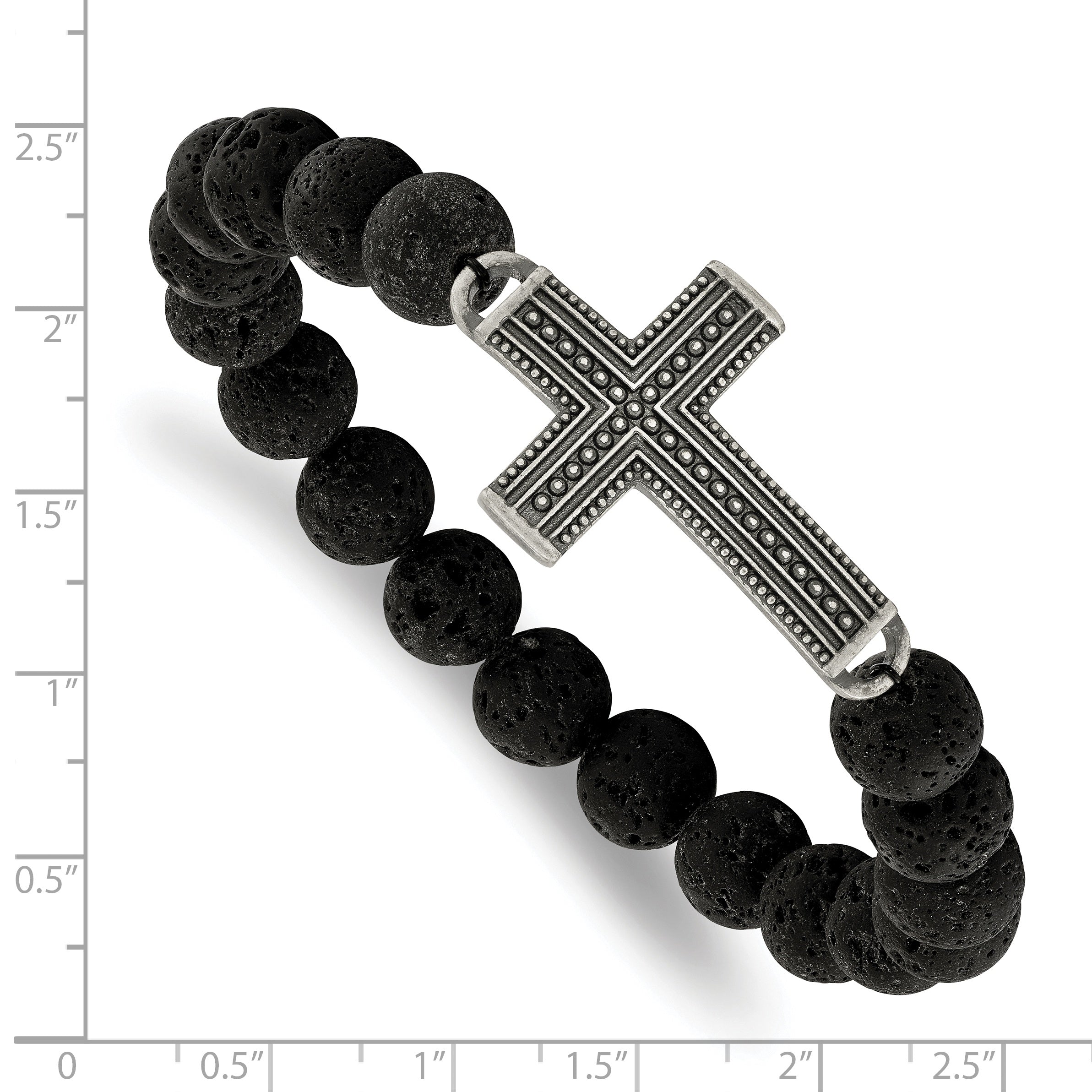 Stainless Steel Antiqued Gun Metal IP-plated Cross 10.5mm Lava Stone Beaded Stretch Bracelet for Men