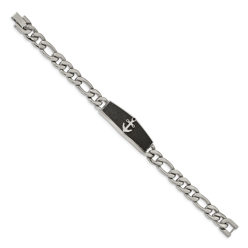 Stainless Steel Polished Black IP-plated Laser Cut Anchor ID Bracelet for Men