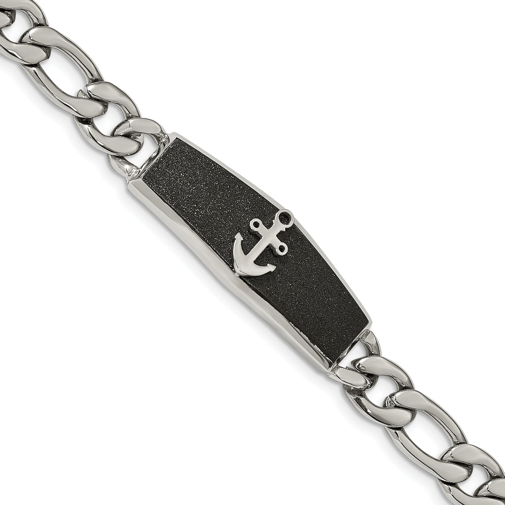 Stainless Steel Polished Black IP-plated Laser Cut Anchor ID Bracelet for Men