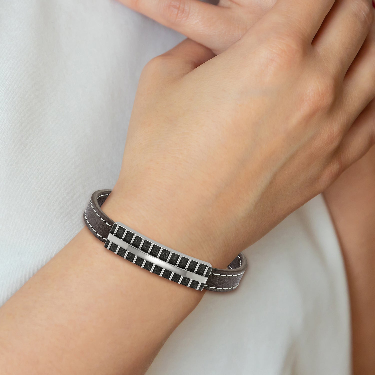 Stainless Steel Polished Black IP Lasercut Brown Leather Bracelet for Men