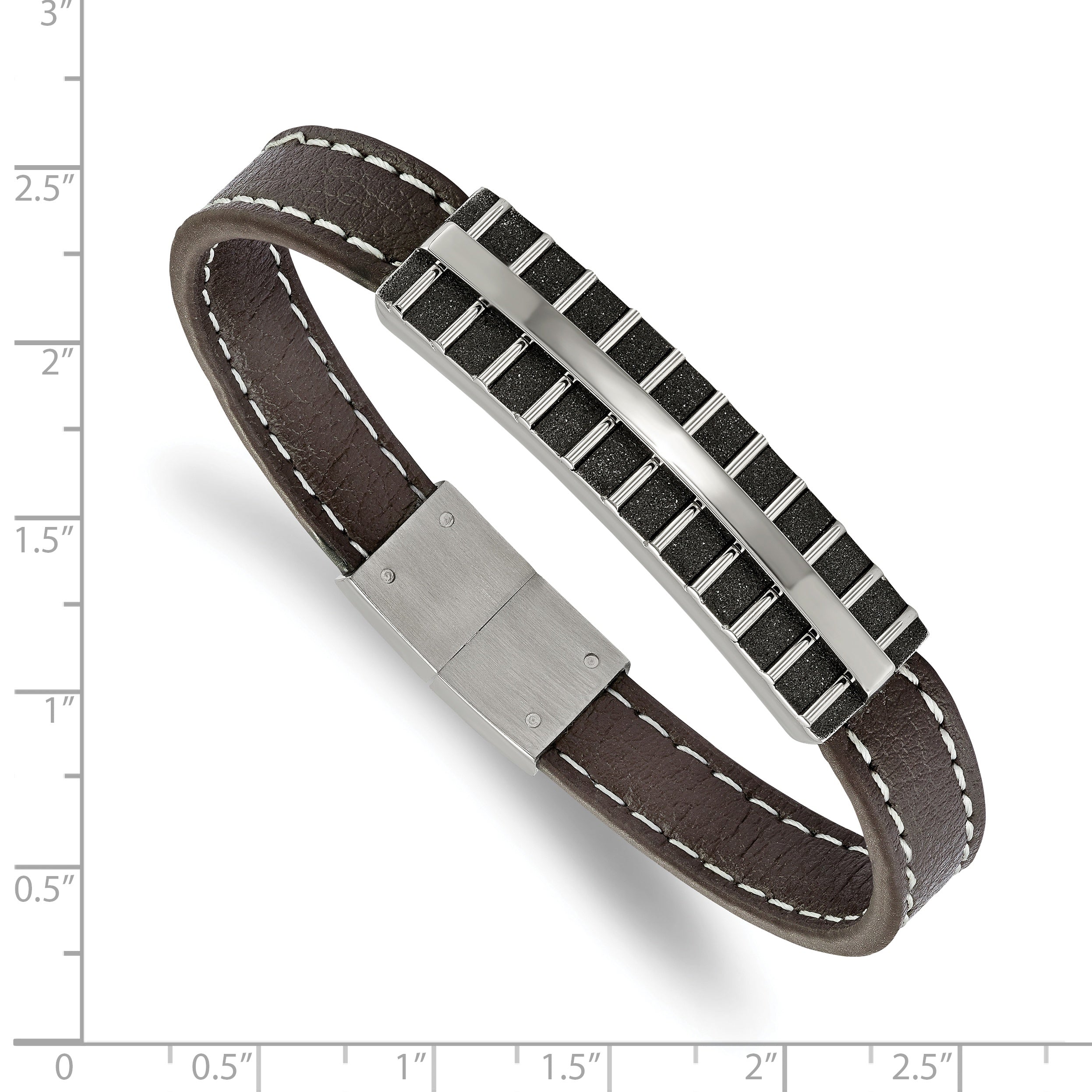 Stainless Steel Polished Black IP Lasercut Brown Leather Bracelet for Men Secondary image