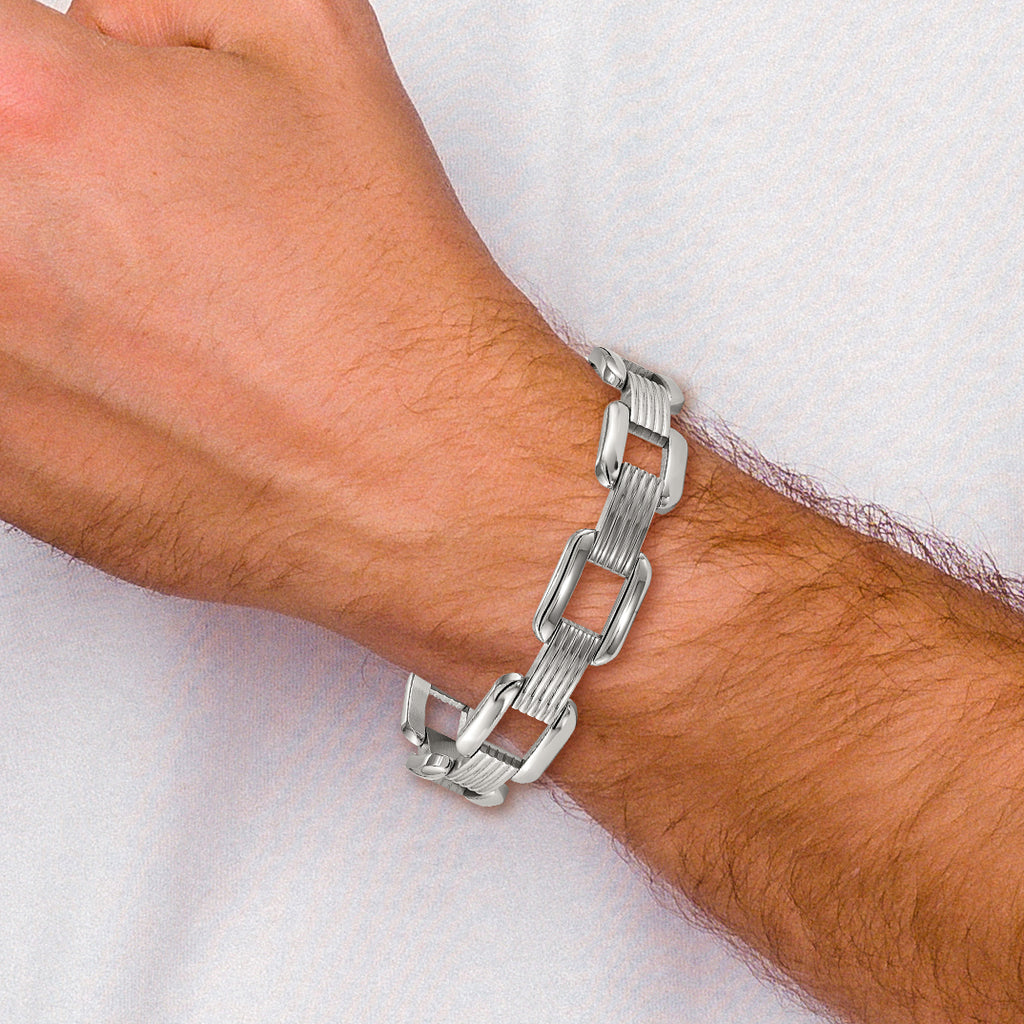 Stainless Steel Polished and Textured Rounded Square Open Link Bracelet for Men