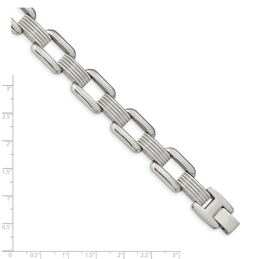 Stainless Steel Polished and Textured Rounded Square Open Link Bracelet for Men