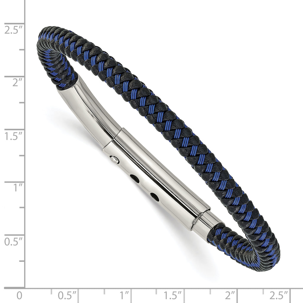 Stainless Steel Polished Blue Wire and Black Polyurethane Adjustable 7.75 to Bracelet for Men