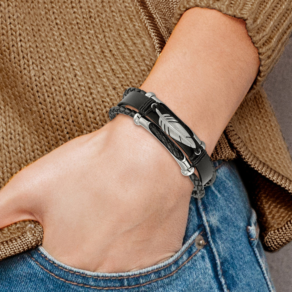 Stainless Steel Polished Feather Multi Strand Black Leather Bracelet