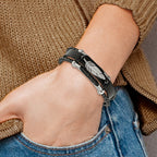Stainless Steel Polished Feather Multi Strand Black Leather Bracelet