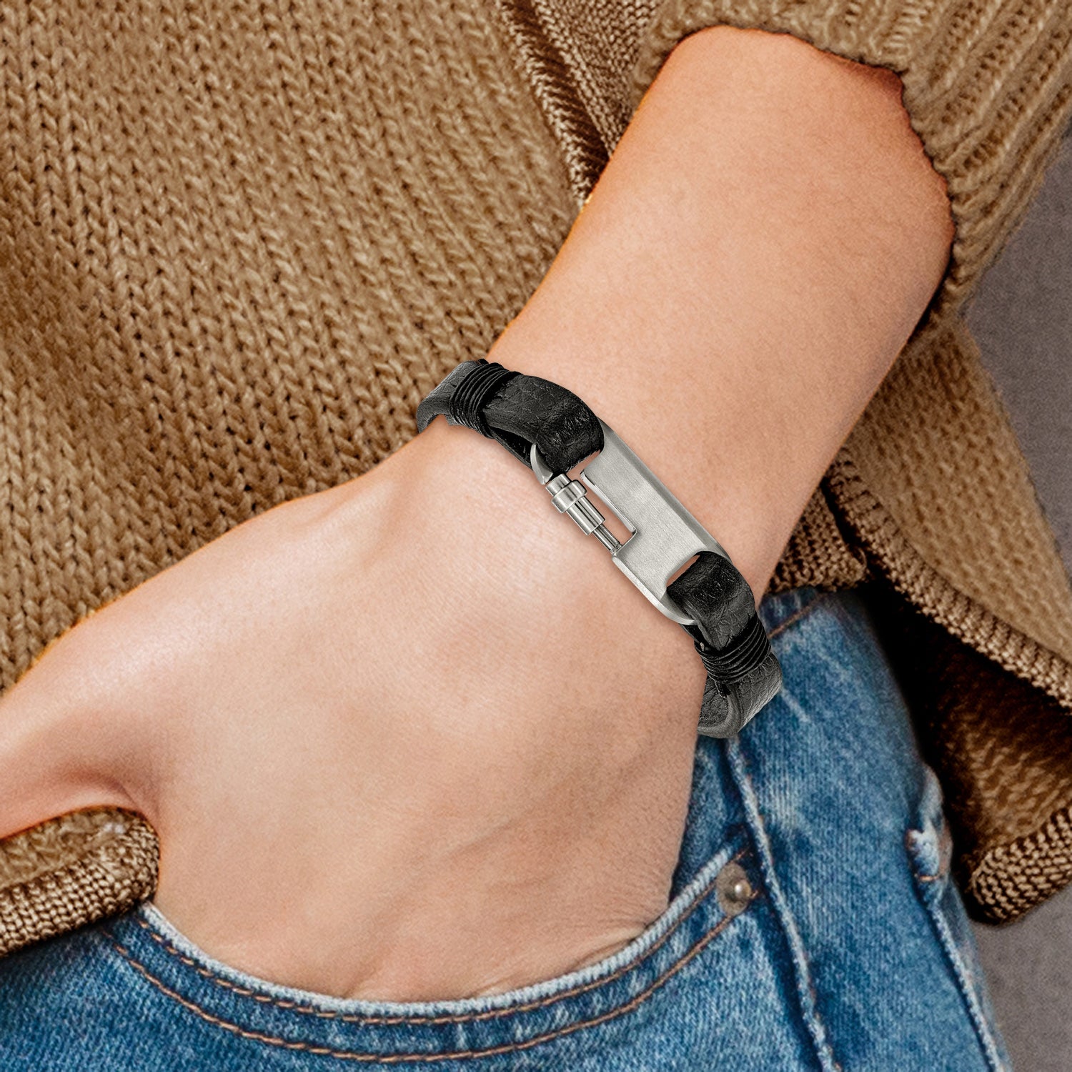Stainless Steel Brushed Black Leather Bracelet for Men