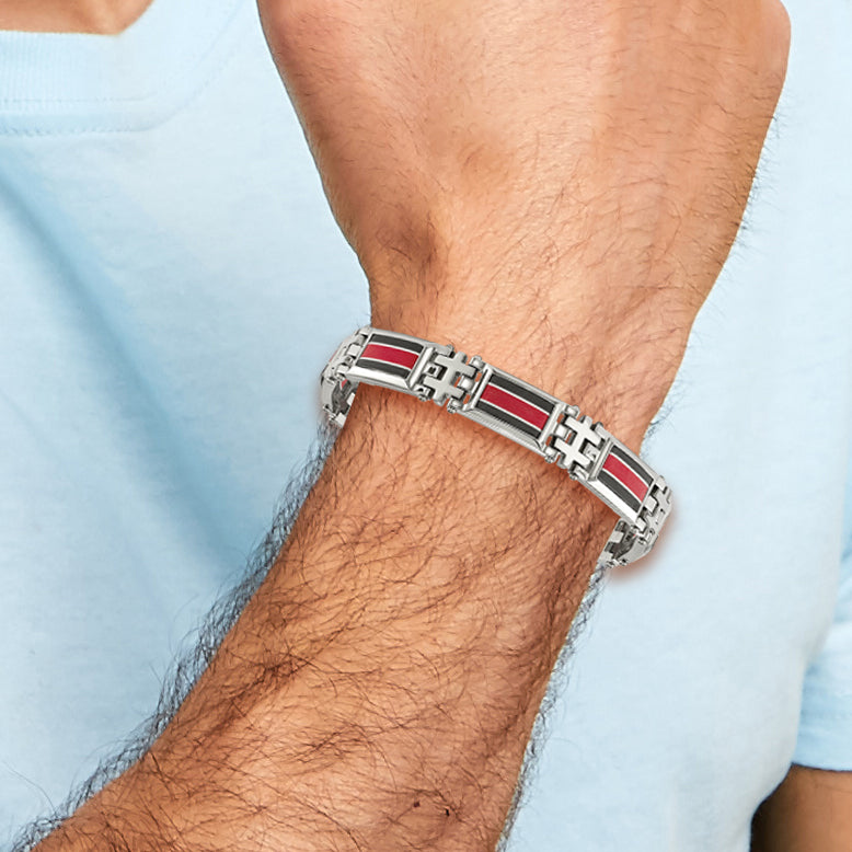 Stainless Steel Polished with Black Carbon Fiber and Red Fiberglass Inlay Link Bracelet for Men