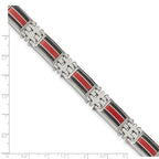 Stainless Steel Polished with Black Carbon Fiber and Red Fiberglass Inlay Link Bracelet for Men