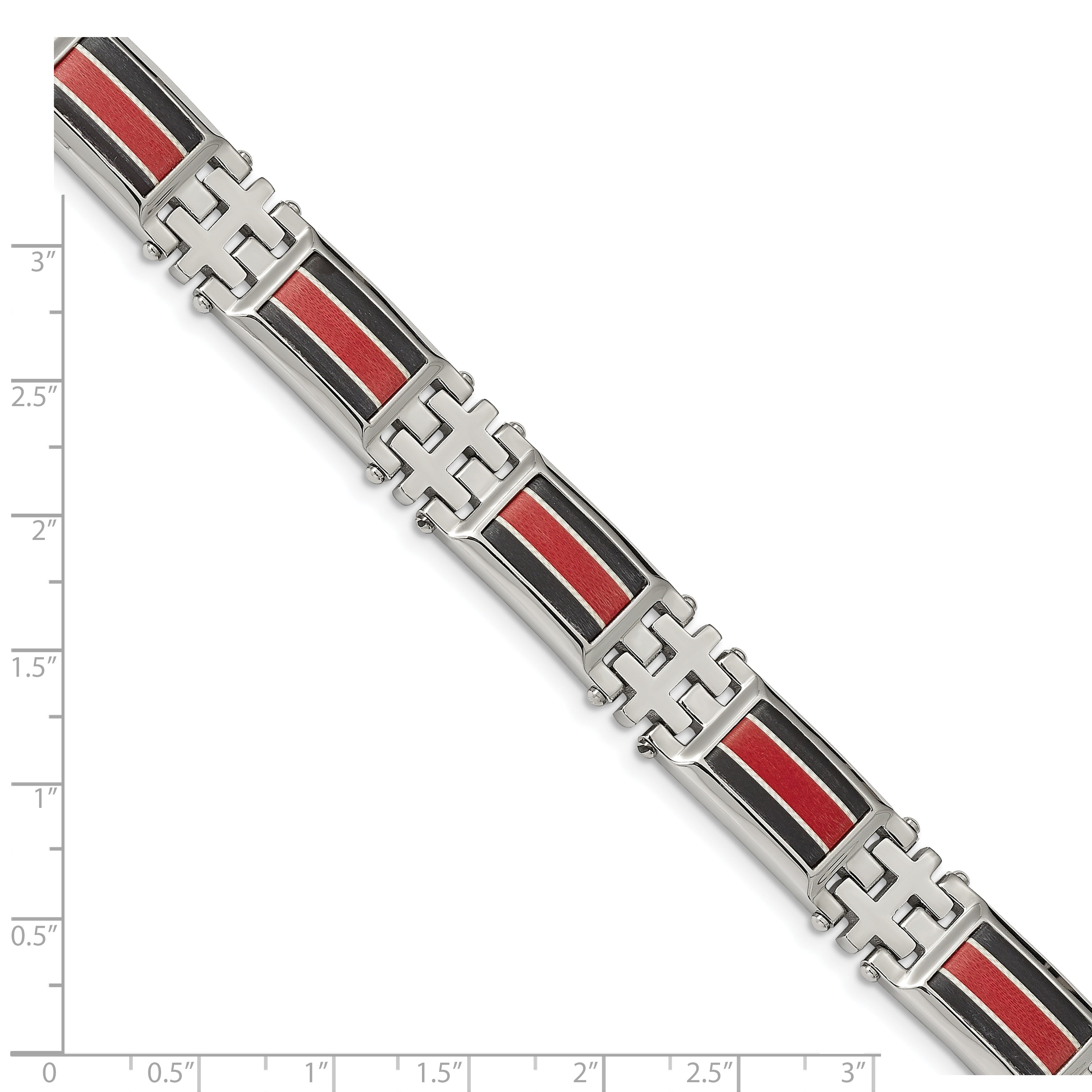 Stainless Steel Polished with Black Carbon Fiber and Red Fiberglass Inlay Link Bracelet for Men