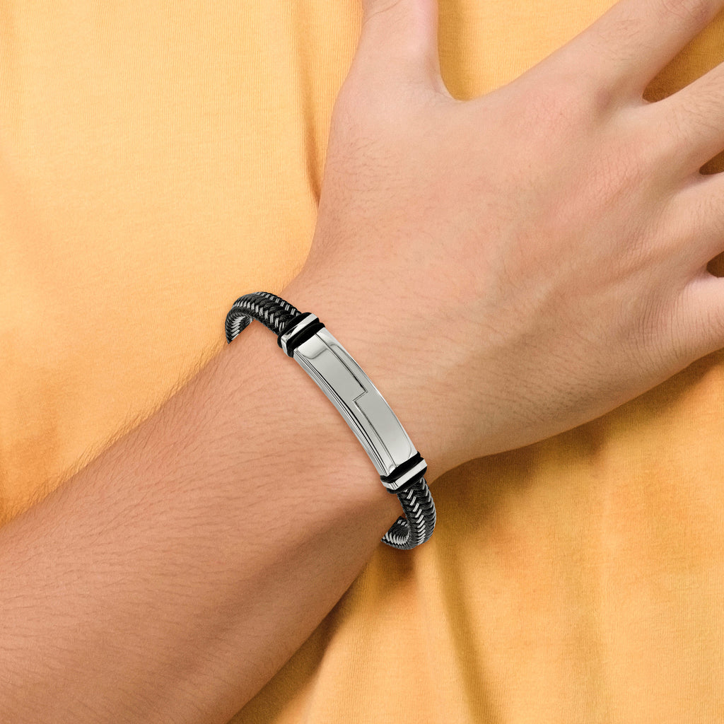Stainless Steel Polished Braided Wire and Black Leather with Rubber Adjustable 8.25 to ID Bracelet for Men