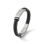 Stainless Steel Polished Braided Wire and Black Leather with Rubber Adjustable 8.25 to ID Bracelet for Men
